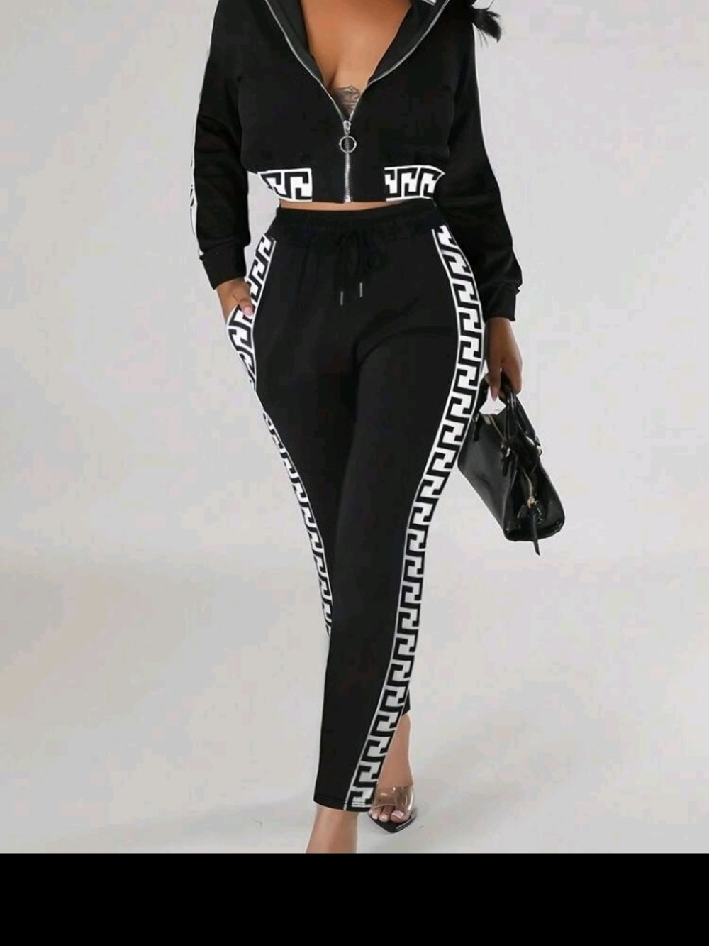 Women's Black Track Pants with White Geometric Side Stripe